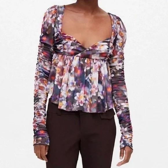 Urban Outfitters Floral Ruffle Ruched Mesh Long Sleeve Babydoll Top, Size S - Picture 1 of 9
